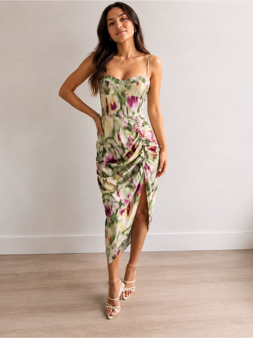 Cider Green and Pink Watercolor Ruched Midi Dress